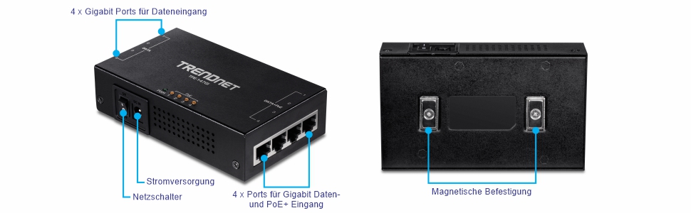 Mehrere Ansichten eines 65-W-Gigabit-PoE+-Injektors mit 4 Ports. Die linke vordere Ansicht ist mit vier Gigabit-Dateneingangsanschlüssen, einem Ein-/Ausschalter, einem Stromanschluss und vier Gigabit-Daten + PoE+-Ausgängen beschriftet. Die rechte Ansicht zeigt die Unterseite des Geräts, die mit einer Magnethalterung beschriftet ist.